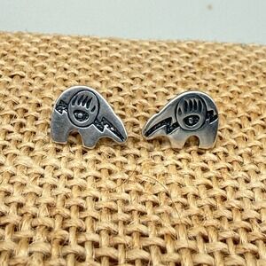 Native American Style Bear Fetish Stud Earrings Silver Tone Southwestern Tribal